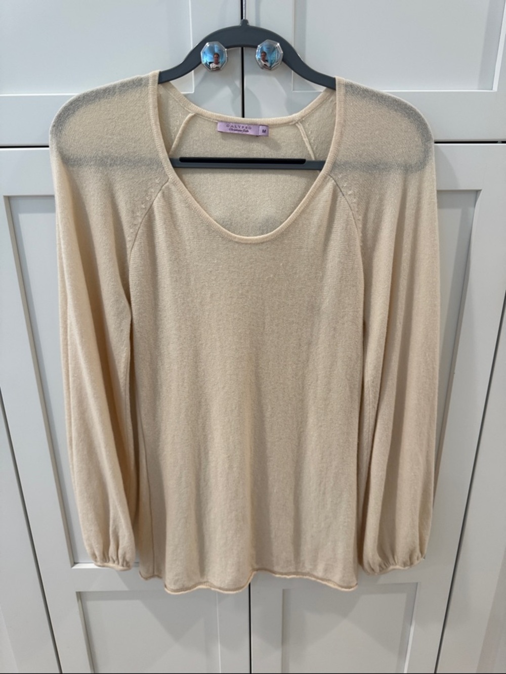 Calypso Christiane Celle 100% Cashmere Cream Scoop Neck peasant sleeve Sweater